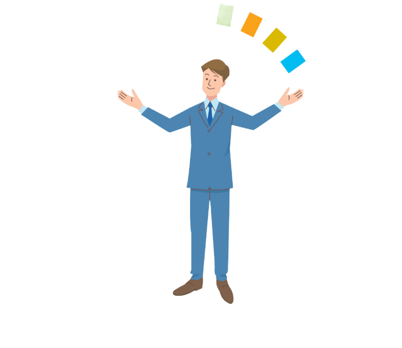 男性がいろんな色のカードを持っている画像