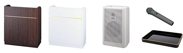 入社式、表彰式用の演台やステージ、マイクなど。